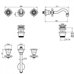 FIMA|Carlo Frattini Elizabeth Смеситель для раковины настенный монтаж, на 3 отв, излив 200 мм., донный клапан click-clack, внешняя часть, цвет бронза