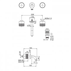 FIMA|Carlo Frattini Texture Collection Смеситель для раковины, настенный монтаж, на 3 отв, изл 150 мм, ручки "H", без накладок, внешняя часть, цв хром