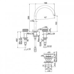 FIMA|Carlo Frattini TEXTURE COLLECTION Смеситель для раковины, на 3 отверстия, ручки "X" без накладок, вращающийся излив, донный клапан, цвет золото