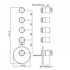 FIMA|Carlo Frattini Spillo Steel Смеситель для душа встроенный, термостатический, 4 запорных вентиля, внешняя часть, цвет INOX