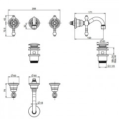 FIMA|Carlo Frattini Epoque Смеситель для раковины настенный, на 3 отверстия, излив 160 мм., внешняя часть, с донным клапаном click-clack, цвет хром