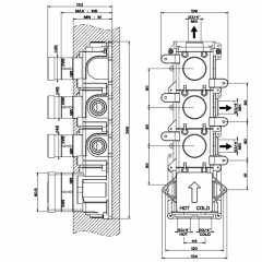 Gessi Внутренняя часть встраиваемого термостатического смесителя с 3мя независимыми выходами