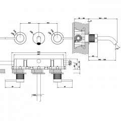 GESSI 316 Встраиваемый смеситель для раковины на 3 отверстия, излив 146-128мм (внешние части), цвет: brushed black metal pvd