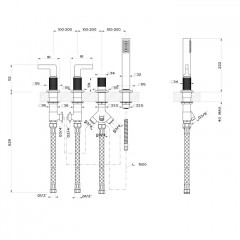 GESSI INCISO Смеситель для ванны на 4 отверстия для наполнения через слив-перелив, переключатель, с ручным душем, цвет: finox