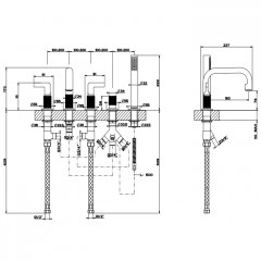 GESSI INCISO Смеситель для ванны на 5 отверстий с изливом, переключателем, ручным душем и шлангом 1,50 м, цвет: золото
