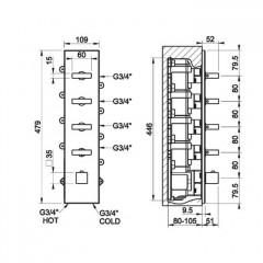 Gessi Rettangolo Встраиваемый термостат, подключение на 3/4", с 4мя независимыми выходами(внешние части), цвет: черный