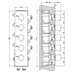 GESSI 316 Встраиваемый термостатический смеситель на 4 источника, резьба 3/4" (внешние части), цвет: steel brushed