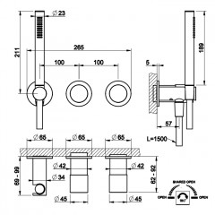 GESSI HABITO TRAME Смеситель настенный встраиваемый, однорыч., с перекл. на 2 полож., с ручным душем, настенным держ., цвет Black Metal Br. PVD