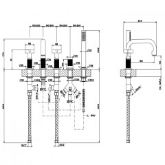 GESSI INCISO Смеситель для ванны на 5 отверстий с изливом, переключателем, ручным душем и шлангом 1,50 м, цвет: хром