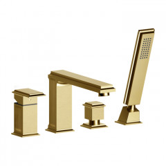 Gessi Eleganza Смеситель для ванны на 4 отверстия, с переключателем, изливом и ручным душем, цвет: шлифованное золото