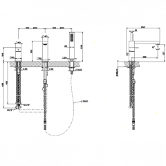 Gessi Rettangolo Смеситель для ванны на 3 отверстия, с переключателем, изливом 195мм и ручным душем, цвет: хром