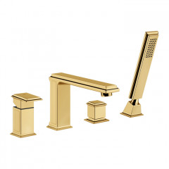 Gessi Eleganza Смеситель для ванны на 4 отверстия, с переключателем, изливом и ручным душем, цвет: золото