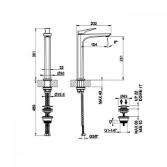 GESSI VENTAGLIO Смеситель для раковины высокий с донным клапаном "Stop&Go" и соединительными шлангами, цвет: Brass Brushed PVD