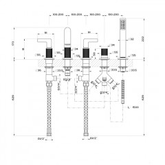GESSI INCISO Смеситель для ванны на 5 отверстий с изливом, переключателем, ручным душем и шлангом 1,50 м, цвет: finox