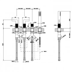 GESSI INCISO Смеситель для ванны на 4 отверстия для наполнения через слив-перелив, переключатель, с ручным душем, цвет: хром