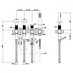 GESSI INCISO Смеситель для ванны на 4 отверстия для наполнения через слив-перелив, переключатель, с ручным душем, цвет: золото