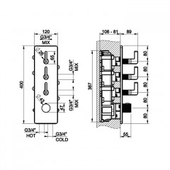 GESSI INCISO Встраиваемый термостатический смеситель на 3 источника, резьба 3/4" (внешние части), цвет: хром