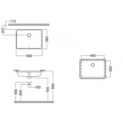 BAHIA Раковина 50 встраиваемая снизу, без отверстий для смесителя, размер 50х38x14.5, белая