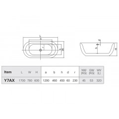 Отдельностоящая ванна 170x78x60 см со сливом-переливом, цвет белый глянцевый