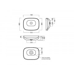 ABITO Раковина накладная, без отверстий для смесителя,без перелива, 58х45, цвет белый