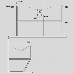 KERASAN SHAPE MOBILE База подвесная 1220х520 мм., напольный, 1 ящик, боковины черные, ножки черные матовые, фронт дуб