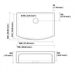 KERASAN Hanna Glasse DEVON Раковина керамическая кухонная 758x530x254 мм,без отв под смеситель, без сифона, толщина 30 мм, цвет белый