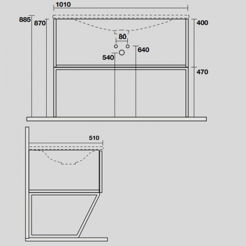KERASAN SHAPE MOBILE База подвесная 1020х520 мм., напольный, 1 ящик, боковины белые, ножки черные матовые, фронт дуб