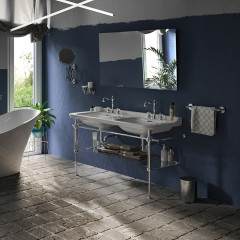 Kerasan Waldorf Раковина керамическая двойная 150х55см, c 3 отверстием под смеситель, белая, цвет заглушки - хром