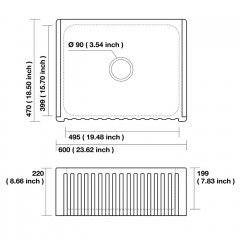 KERASAN Hanna Glasse HAMPSHIRE Раковина керамическая кухонная 600x470x220 мм,без отв под смеситель, без сифона, цвет белый