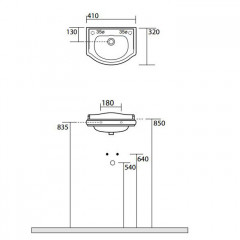KERASAN Retro Раковина 410х320мм c 1 отв.выбитым вручную под смеситель справа (DX), цвет белый