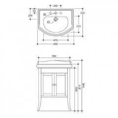 KERASAN Retro 735130, база 69см, с закругленым фасадом, под раковину 1046, цвет белый матовый, ручки: керамика
