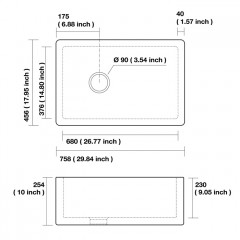 KERASAN Hanna Glasse ESSEX Раковина керамическая кухонная 758x456x254 мм,без отв под смеситель, без сифона, толщина 40 мм, цвет белый