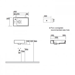 KERASAN Cento раковина подвесная 45х25см с 1отв под смеситель слева - SX, (с отверстиями для крепления к стене), цвет белый