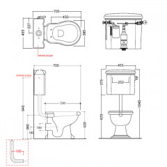 KERASAN Waldorf/Retro Механизм слива с боковой ручкой (уст-ка справа) для низкого бачка 4183/1072, без трубы, без подводки, цвет бронза