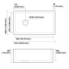 KERASAN Hanna Glasse ESSEX Раковина керамическая кухонная 910x456x254 мм,без отв под смеситель, без сифона, толщина 40 мм, цвет белый