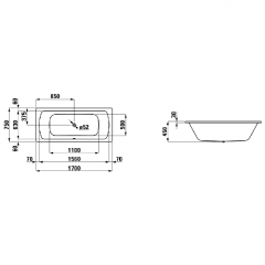 Laufen PRO Стальная ванна (3,5мм) 1700x750 мм, с центр.выпуском, шумоиз-я, без отв. для ручек, с антискольз. покрытием, белый