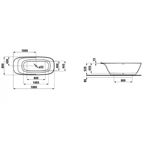 Laufen INO Ванна 1800x800x520мм, свободностоящая, с слив-переливом, материал: композит, цвет: белый