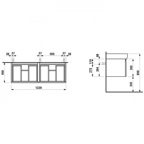 Laufen Pro База подвесная 1220x450x390 мм под раковину 8.1496.7, 2 выдв ящика с органайзером, цвет белый глянцевый
