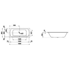 Laufen PRO Стальная ванна (3,5мм) 1800x800 мм, с центр. выпуском, шумоиз-я, без отв.й для ручек, антискольз. покрытие, белый