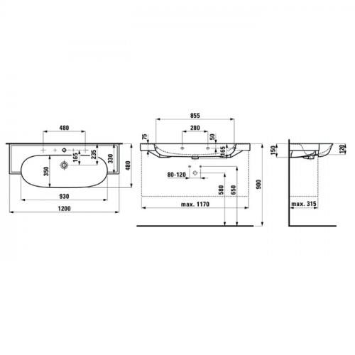 Laufen New Classic Раковина накладная овальная 1200х480х75/165 мм, с 2 отв под смеситель,с переливом, цвет белый матовый (1шт привезем за 3 недели!!)