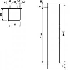Laufen BASE шкаф высокий 350x335x1650 мм, 2 дверцы, петли справа, 1 ящик, 4 стекл. полки, белый глянцевый