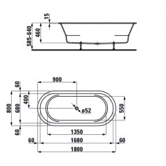 Laufen Pro Ванна 180X80х64 врезная овальная с ножками , без слива-перелива, Marbond белый