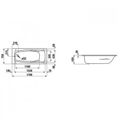 Laufen PALADIUM Стальная ванна (3,5мм) встр.1700x750 мм, шумоиз-я, с отверстиями для ручек, белый