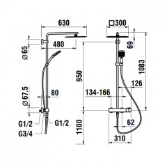 Laufen New Cityplus Душевая стойка с верхним душем 300x300 мм и термостатическим смесителем, ручной душ MyCity120 и шланг пвх 1,5 м в комплекте, хром