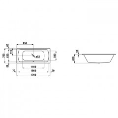 Laufen PRO Стальная ванна (3,5мм) 1700x750 мм, с центр. выпуском, шумоиз-я, с отв. для ручек, антискольз. покрытие, белый
