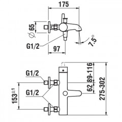 Laufen VAL Смеситель для ванны настенный, на 2 отв, с ручным душем, излив 175мм, цвет: хром