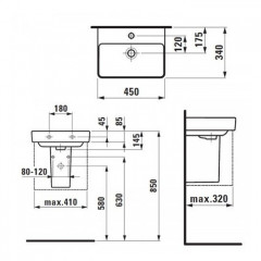 Laufen Pro S Раковина 450х340х85 мм,подвесная/на столешницу, с 1 отв. под смеситель, c переливом, цвет: белый