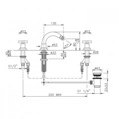 Nicolazzi Monte Croce Смеситель для биде на 3 отверстия, с 2мя ручками, излив: 135мм, цвет: золото