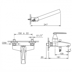 Nicolazzi Vincent Смеситель для ванны на 2 отверстия, настенный, с душевой лейкой, цвет: хром