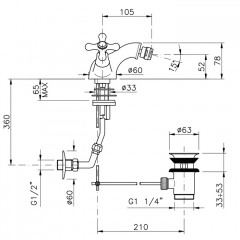 Nicolazzi Nuova Brenta Смеситель для биде на 1 отверстие, излив: 105мм, с донным клапаном, цвет: Gold Brass